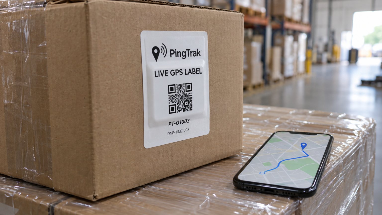 Coming soon: a PingTrak Live GPS Label stuck on a box on a pallet, next to a phone showing the load's position on a map