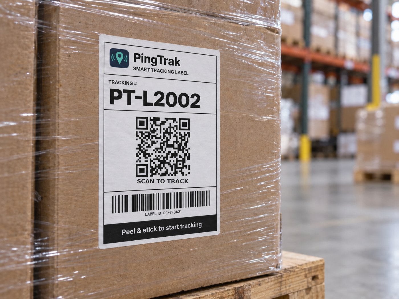 PingTrak Smart Label stuck on a cardboard box on a wrapped pallet: a white 4x6 shipping-style label with a QR code, tracking number PT-L2002 and the line Peel and stick to start tracking